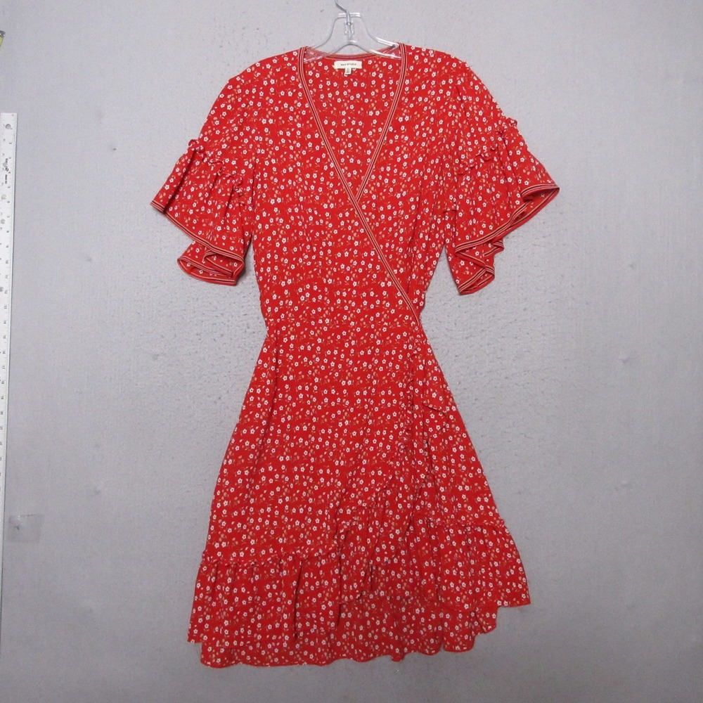 Max Studio Dress Large Red Floral Wrap Ruffle Cottage Core Boho Prairie Romantic